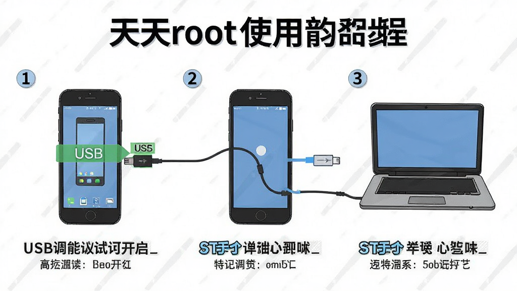 一张展示天天root使用教程步骤的图文说明,主体是手机与电脑连接示意图,布局为分步图解样式,排版清晰,风格为教学插图风格,细节包含USB调试开启位置标注,画质清晰,干净无多余元素。
