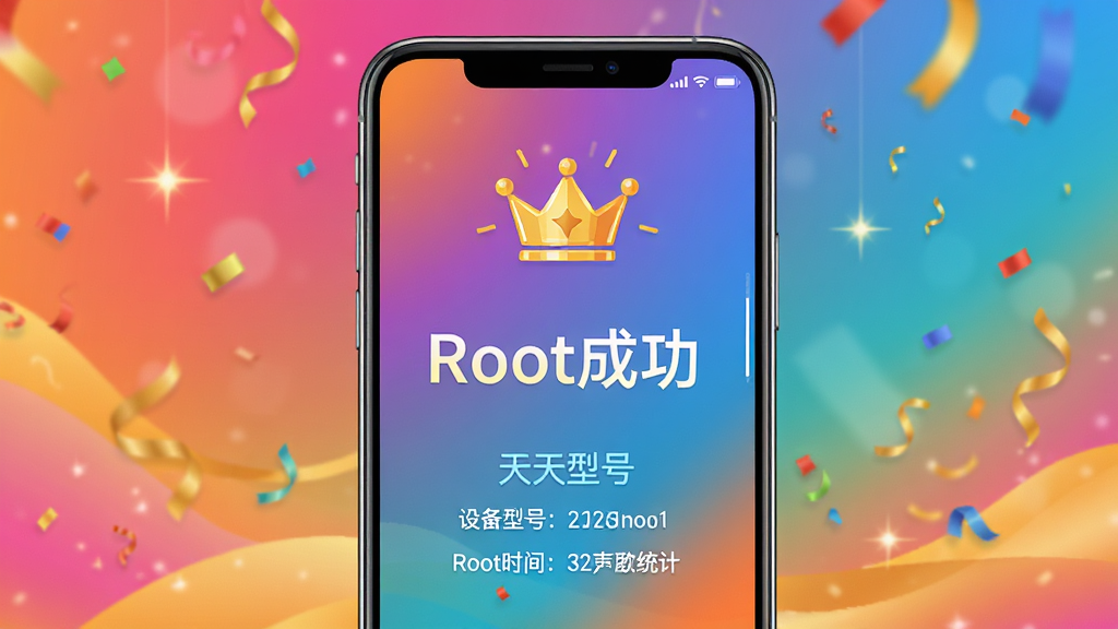 一张展示天天root一键Root成功后的庆祝界面,主体是手机屏幕展示“Root成功”字样和金色皇冠图标,布局居中,排版醒目,风格为喜庆的渐变背景,细节包含设备型号和Root时长统计,画质高清,干净无多余元素。