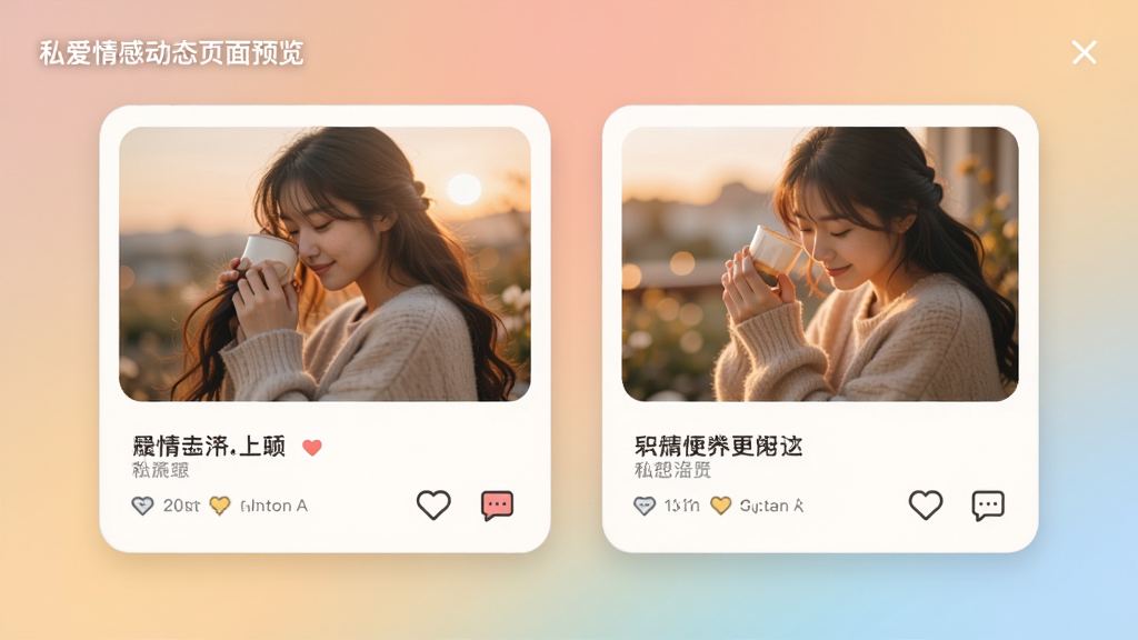私爱情感动态页面预览,展示图片与文字结合的动态卡片,卡片设计柔和,背景为渐变色,包含点赞与评论图标,整体风格温馨治愈,画质高清,无多余元素