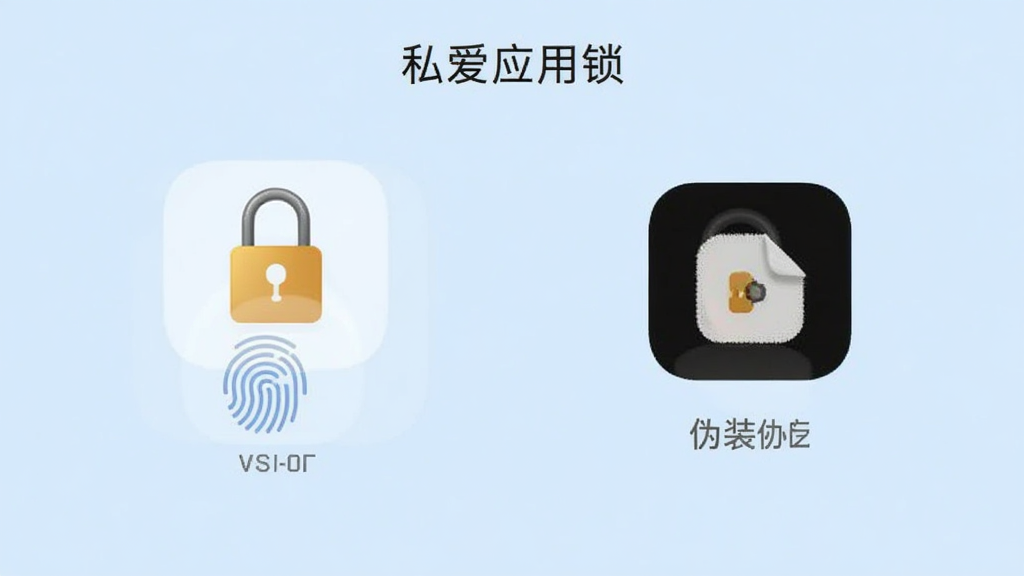 私爱应用锁设置界面,展示指纹解锁与伪装图标选项,界面简洁,背景为淡蓝色,图标为锁形,风格清爽,画质干净