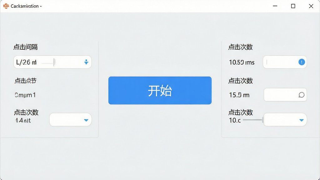 一张展示自动按键点击软件主界面的高清截图,界面简洁明亮,中央有醒目的“开始”按钮,周围分布着点击间隔、点击次数等设置选项,背景为干净的浅灰色,整体风格现代简约,画质清晰,无多余元素