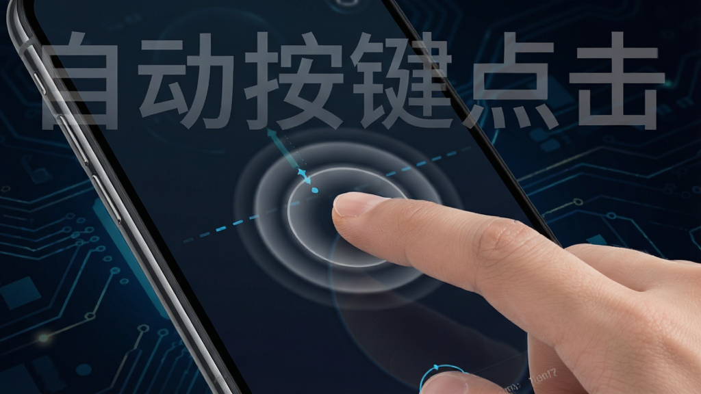 一张动态效果图,展示自动按键点击软件正在模拟手指点击手机屏幕,点击位置有半透明圆形波纹反馈,背景为深色科技感风格,画面中隐约可见“自动按键点击”字样,整体视觉效果流畅,画质清晰,无多余元素