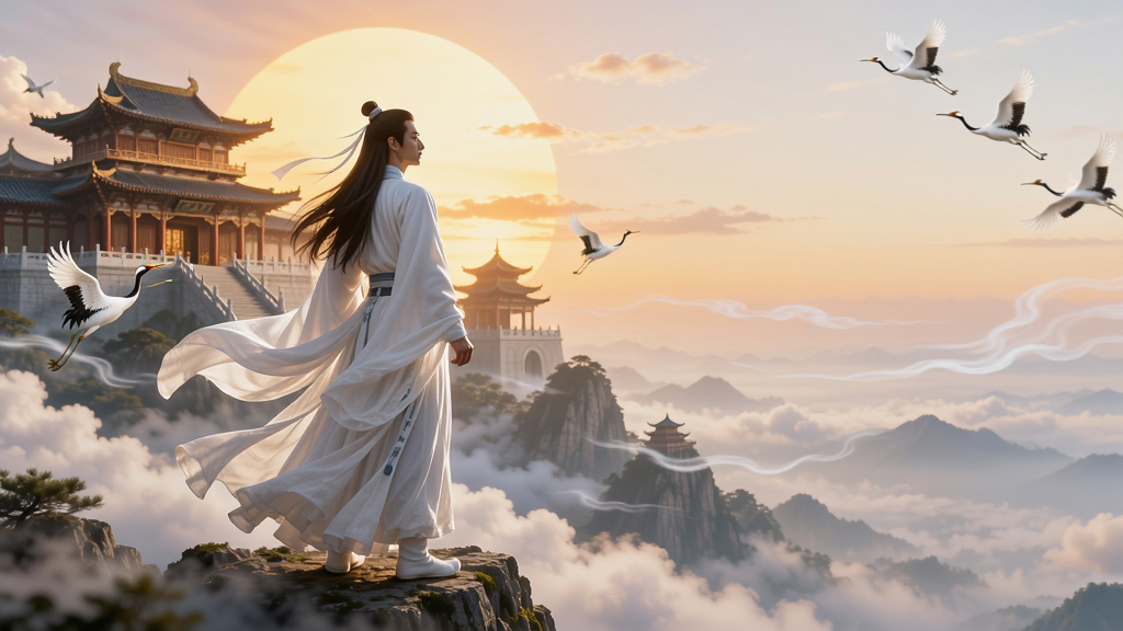 主体:一位身着飘逸白衣的修仙者,站在云雾缭绕的仙山之巅,俯瞰壮丽山河,背后是辉煌的仙宫楼阁与巨大的落日。布局:人物位于画面中央偏左,视线望向远方,右侧留白展现广阔天地。排版:画面干净,人物突出,背景宏大。风格:东方仙侠玄幻风格,唯美细腻,光影层次丰富,色彩明快通透。细节:人物衣袂飘飘,发丝清晰,仙宫细节精致,有仙鹤飞过,云雾有流动感。画质:8k超高清,电影级画质,干净,无多余元素。