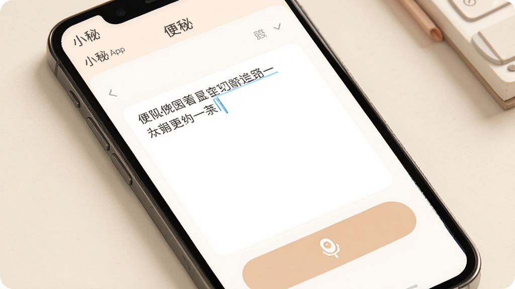 便签记录功能展示图,主体为手机屏幕,展示小秘App的便签编辑页面,包含文字输入区和语音输入按钮,布局简洁,排版舒适,风格温馨淡雅,细节处显示“小秘”标识,画质干净清晰。