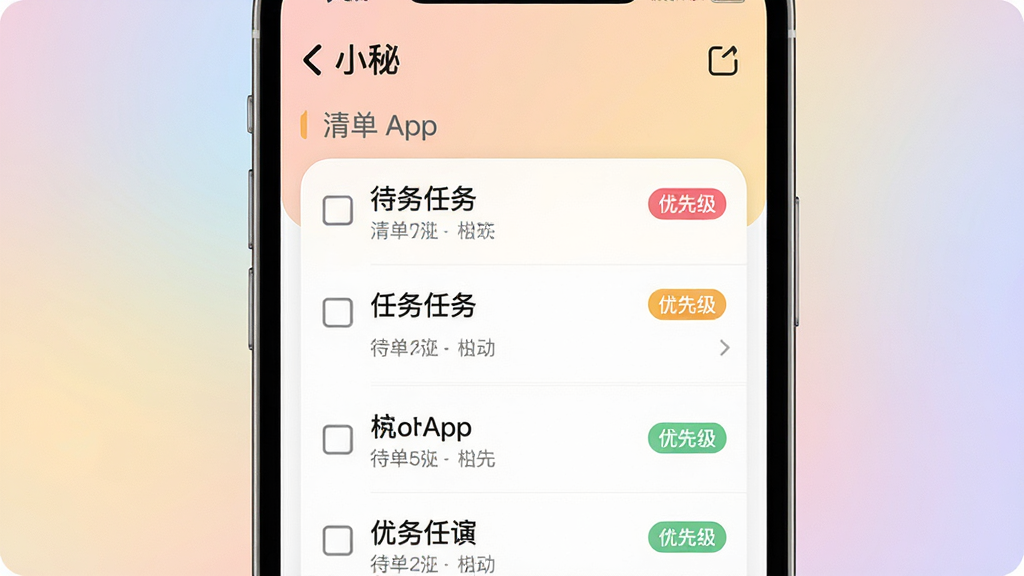 一张待办清单操作演示图,主体为手机界面,展示小秘App的清单列表,任务项带有复选框和优先级标签,背景为柔和渐变,排版整齐,风格简洁明快,细节突出应用名称“小秘”,画质高清无多余元素。