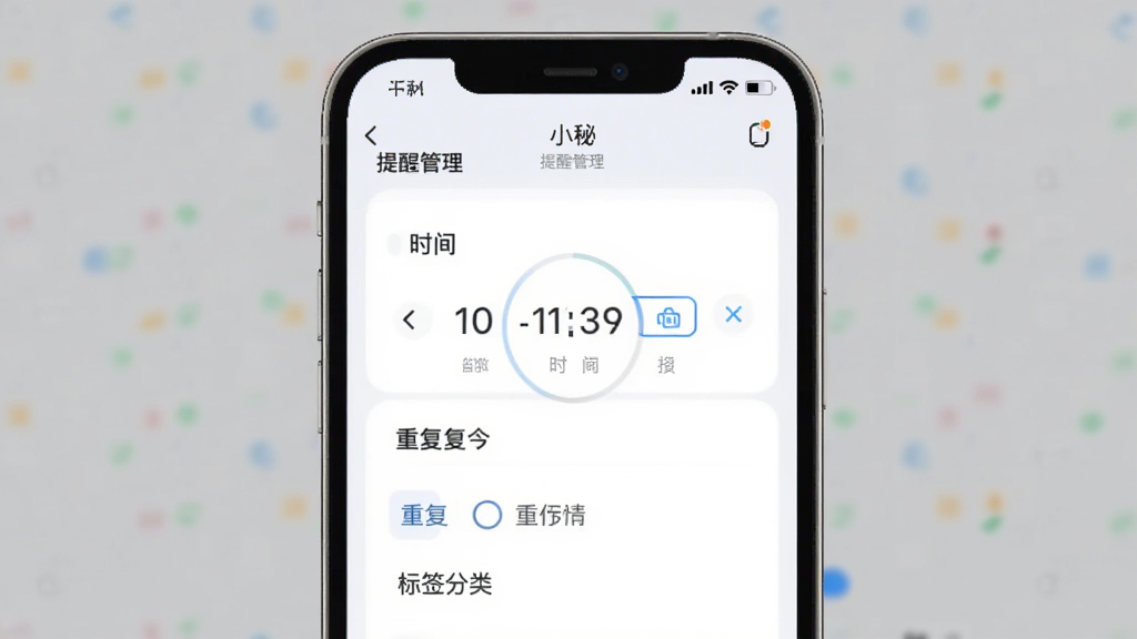 应用功能预览图,主体为一张时间管理界面截图,展示小秘App的提醒设置页面,包括时间选择器、重复选项和标签分类,布局规整,排版清晰,风格清爽现代化,细节处显示“小秘”品牌字样,画质干净无杂物。