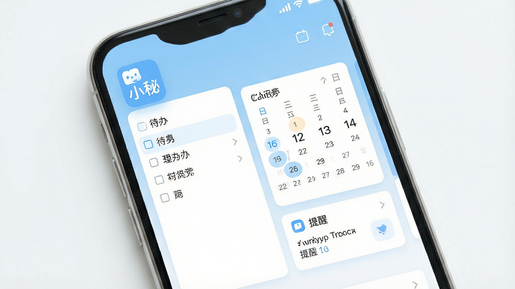 一张现代风格的应用功能展示图,主体为一部智能手机屏幕,屏幕内清晰显示小秘App的主界面,包含待办列表、日历视图和提醒卡片,布局简洁明了,排版采用卡片式设计,色彩以浅蓝和白色为主,风格清新简约,细节突出应用图标和文字“小秘”,画质高清干净,无多余元素。