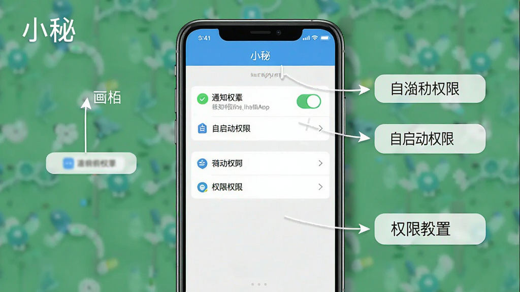 一张操作教程示意图,主体为手机截图,展示小秘App的权限设置界面,包括通知权限、自启动权限等选项,布局清晰,排版直观,风格简洁实用,细节标注“小秘”软件名称,画质干净无多余元素。