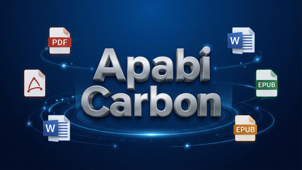 ���Ӿ�չʾApabi Carbon�������棬����Ϊ����ɫ�Ƽ��н��䣬�����������������ơ�Apabi Carbon������������ʸ�logo����Χ������PDF��Word��EPUB�ȳ����ĵ���ʽ��ͼ�꣬�����Ծ��жԳ��Ű棬����ִ���Լ��ϸ�ڴ��з����������Ч��׺�����ʸ��壬�ɾ��޶���Ԫ��
