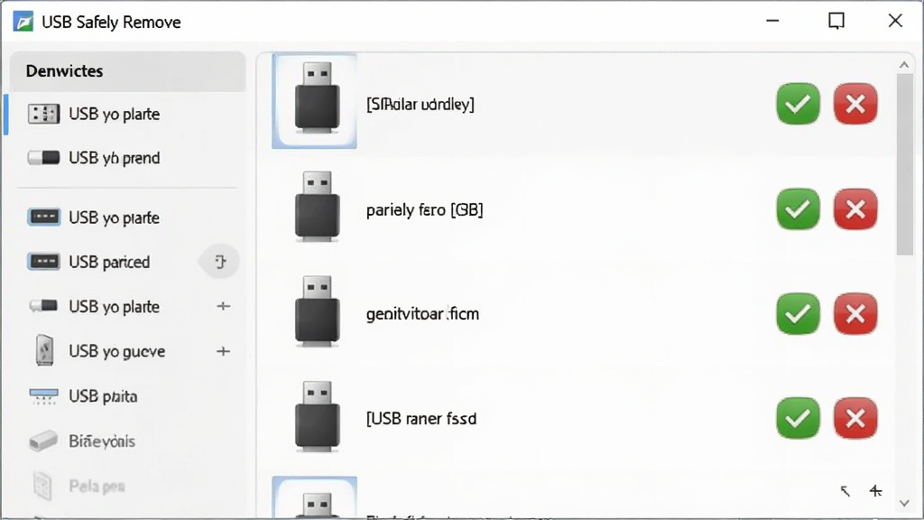 USB Safely Remove �����豸�б����棬�����ʾ�豸���ͷ��࣬�Ҳ��г����USB�豸ͼ�꼰���ƣ�ÿ���豸������ɫ�Թ��ͺ�ɫ��Ű�ť���������ǳɫ���⣬����������ϸ�ڷḻ�����ʸɾ����޶���Ԫ��