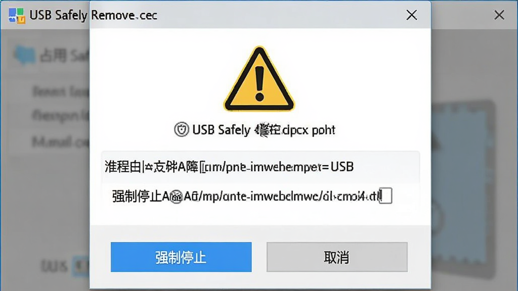 USB Safely Remove ��������ռ�þ��浯��������������ʾһ����ɫ����ͼ�꣬�·��г�����ռ�ý������ƺ�·�������ṩ��ɫ��ǿ��ֹͣ����ť���ɫ��ȡ������ť���������࣬��ɫ��Ŀ�����ʸɾ����޶���Ԫ��