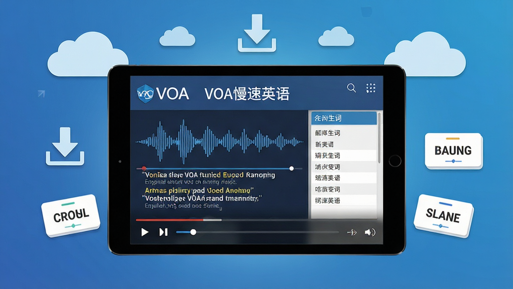 ���壺һ��ƽ����Ժ�����ʾVOA����Ӣ��Ĳ��Ž��棬����Ƶ����ͼ��˫����Ļ�������б������֣�ƽ����У���Χ���ƶ䡢���ؼ�ͷ�����ʿ�Ƭ��ͼ�ꣻ�Ű棺���жԳƣ�����Ϊ������ɫ������ִ��Ƽ��磬��ƽ����ϸ�ڣ�ƽ����Ļ�г��֡�VOA����Ӣ������Ͳ��ſ����������ʣ����壬�ɾ����޶���Ԫ��