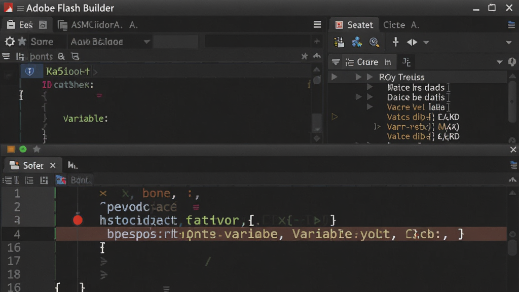 ���壺һ����дͼƬ��չʾAdobe Flash Builder�������������еĵ��Խ��棬ͻ����ʾ�ϵ�͸�������ֵ�����֣�ǰ���Ǵ����кͶϵ��㣬�����Ǽ��Ӵ��ں͵��ö�ջ��塣�Ű棺���۽�������͵�����Ϣ�����ɶ������רҵдʵ����ɫ������棬ǿ�����ݼ�����߼����������ʣ����壬�ɾ����޶���Ԫ�أ����������ĵ��Թ��ܡ�