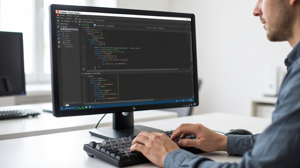 ���壺һλ����������ʹ��Adobe Flash Builder��д���룬��Ļ����ʾMXML��ActionScript��ϴ��롣���֣�ǰ���Ǽ��̺��֣������ǵ�����Ļ�ϵ��������棬��Χ�������ࡣ�Ű棺������⣬ͻ����������Ϳ������������дʵ��Ӱ��񣬹����������칫���������ʣ����壬�ɾ����޶���Ԫ�أ�����רҵ������Χ��