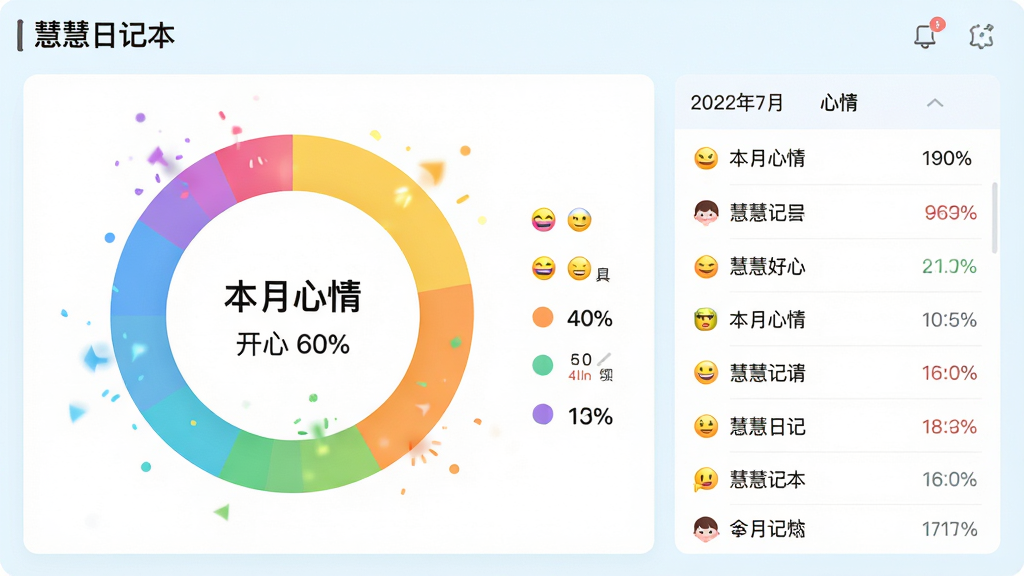 ���壺���ۻ��ռǱ�������������ͳ��ͼ�����棬չʾ��һ��Բ��ͼ����ͬ��ɫ������ͬ���飬�Ա��ж�Ӧ�ı������ͼ�������֣�ͼ��λ�ڻ�����࣬�Ҳ������ں������¼���б����Ű棺Բ��ͼ������ʾ���������顱�������·��С����� 60%�������ݱ�ע��������������UI���ͼ��ɫ�����޵������ۡ�ϸ�ڣ�ÿ������ɫ������΢С�Ķ�̬����Ч�������ʣ��߷ֱ��ʣ�����ͨ͸���ɾ����޶���Ԫ�ء�