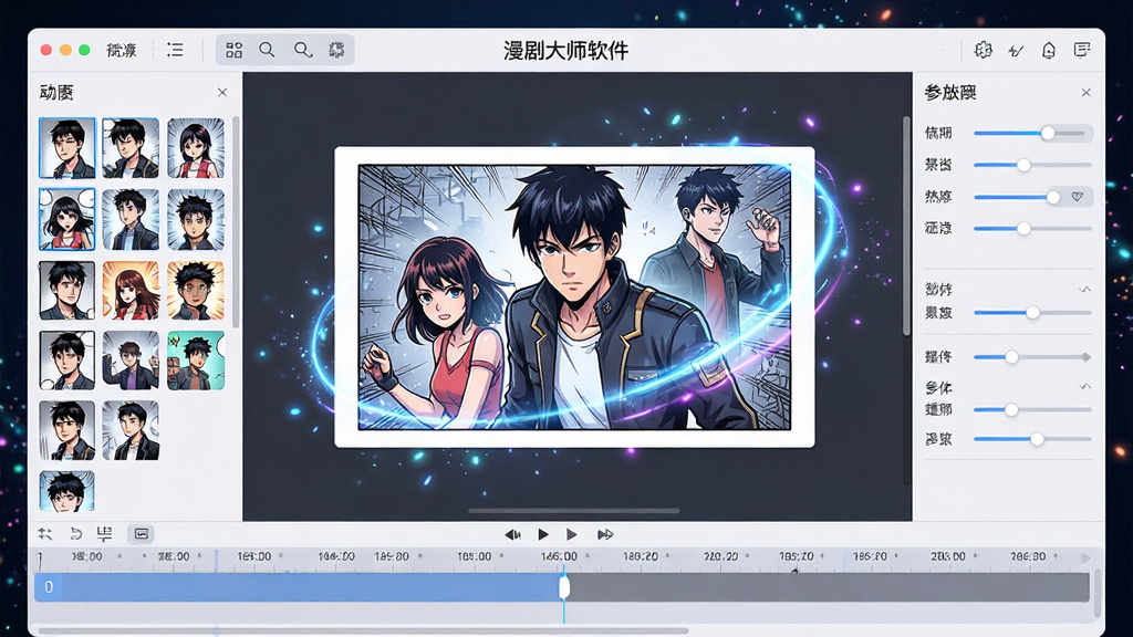 主体:漫剧大师软件界面,展示漫画动态化编辑场景;布局:界面中央为漫画分镜编辑区,左右两侧分布素材库和参数调节面板;排版:清晰的功能分区,顶部有工具栏,底部有时间轴;风格:现代科技感,界面简洁明亮;细节:画面中漫画角色被动态效果包围,背景有粒子特效;画质:高清渲染,干净无多余元素