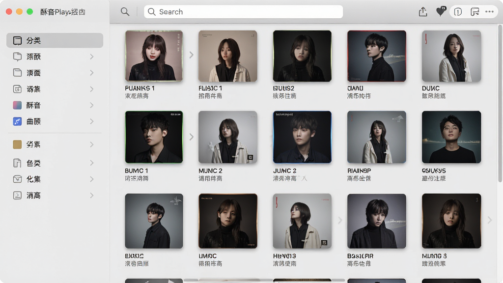 主体:酥音播放器曲库管理界面截图,显示按专辑封面排列的音乐列表;布局:左侧为分类侧边栏,右侧为歌曲卡片网格,顶部为搜索栏;排版:专辑封面规整排列,歌曲名与歌手名清晰标注;风格:清新简约,背景为淡雅灰色;细节:封面阴影自然,列表滚动流畅,画质干净无多余元素
