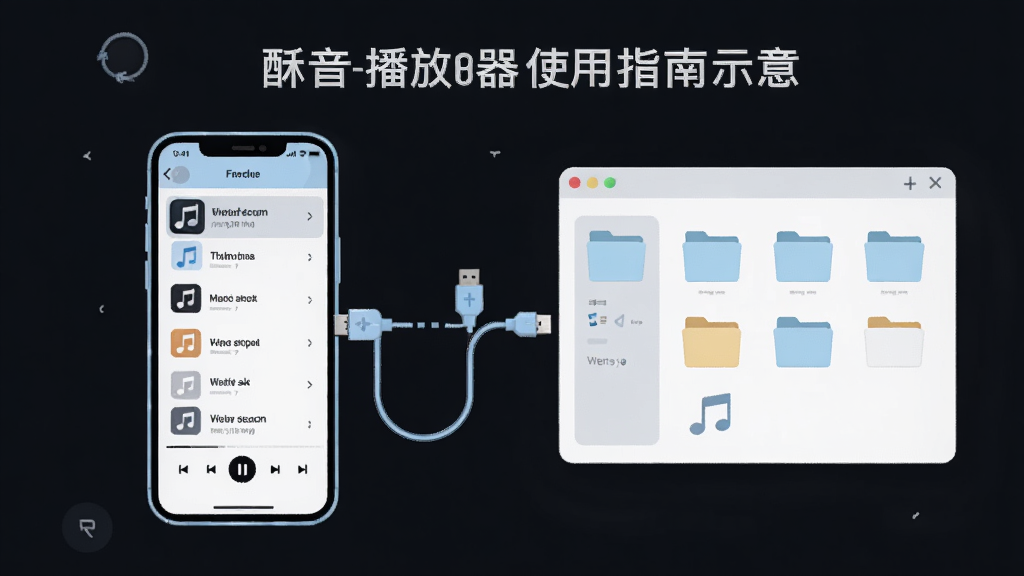 主体:酥音播放器使用指南示意图,展示手机与电脑连接传输音乐;布局:左侧为手机屏幕显示播放列表,右侧为电脑文件夹窗口,中间有USB连接线图标;排版:图标与文字标注清晰;风格:简约插画风,浅色调;细节:线条流畅,画面干净