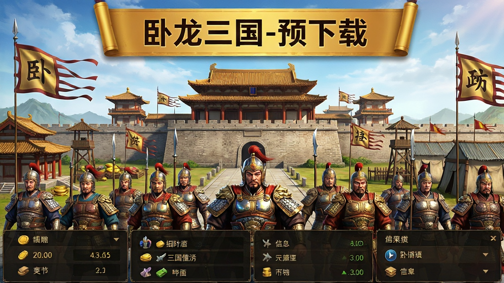主体:三国风格的游戏主城界面,前景是威严的武将队列,背景是雄伟的宫殿与战旗。布局:主城居中,两侧分布资源建筑与军营,上方飘着“卧龙三国-预下载”字样的金色横幅。排版:横幅置顶,信息面板整齐排列在画面下方。风格:写实国风,色彩浓郁,光影层次分明。细节:武将盔甲反光,旗帜飘动,城墙纹理清晰。画质:高清渲染,干净整洁,无多余元素。