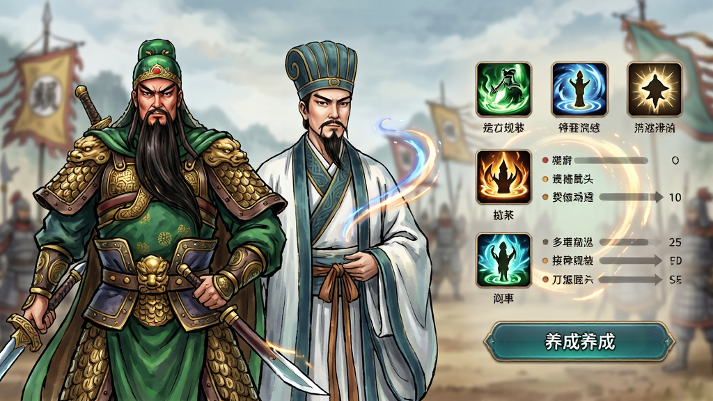 主体:两位三国武将(关羽与诸葛亮)并肩站立,展示角色立绘与属性面板。布局:武将位于画面中央偏左,右侧是技能说明与养成按钮。排版:信息层级分明,技能图标与文字对齐。风格:精美手绘风,细节丰富。细节:武将服饰纹理、武器光泽、技能特效光晕。画质:高清细腻,背景虚化,无多余元素。