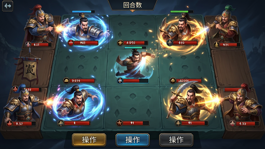 主体:九宫格战斗棋盘,双方武将分列两侧,技能特效正在释放。布局:棋盘居中,上方显示回合数,下方为操作按钮。排版:棋盘网格清晰,武将头像带血条。风格:动态战斗场景,光影炫丽。细节:技能粒子效果、武将动作细节、血条变化。画质:高帧率渲染,干净利落,无多余元素。