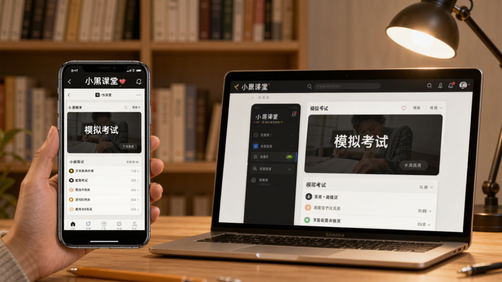 主体:考生使用小黑课堂在手机和电脑上学习。布局:左侧是手机,右侧是电脑,屏幕均显示小黑课堂界面。排版:两个设备并排,背景为书架和台灯。风格:温馨学习场景,光线柔和。细节:屏幕上有“小黑课堂”和“模拟考试”字样。画质:高清,无多余元素。