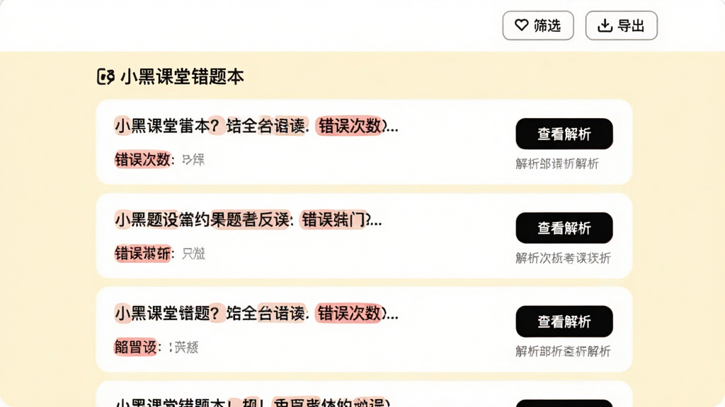 主体:小黑课堂错题本界面,列出多道错题。布局:列表形式,每道题显示题干、错误次数和“查看解析”按钮。排版:错题红色标记,解析灰色小字。风格:简洁清爽,底色为淡黄色,易读性强。细节:顶部有“筛选”和“导出”按钮。画质:干净,无多余元素。