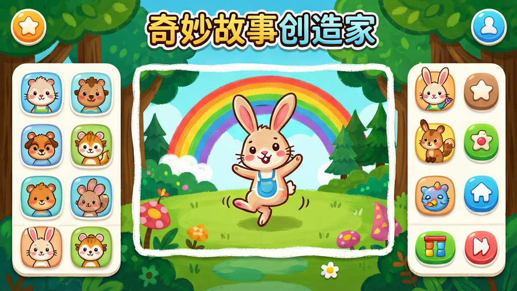 主体:奇妙故事创造家应用界面,展示一个色彩缤纷的儿童故事创作场景,有森林、小动物、卡通角色。布局:主界面中央是创作画布,四周有素材库、角色栏和工具栏;画布上有一个小兔子在跳舞,背景有彩虹和树木。排版:界面图标圆润,按钮大而清晰,采用卡片式布局。风格:可爱卡通手绘风,色彩明亮饱和,充满童趣。细节:画面上方有“奇妙故事创造家”标题,角色表情生动,素材图标精致。画质:高清,干净,无多余元素。