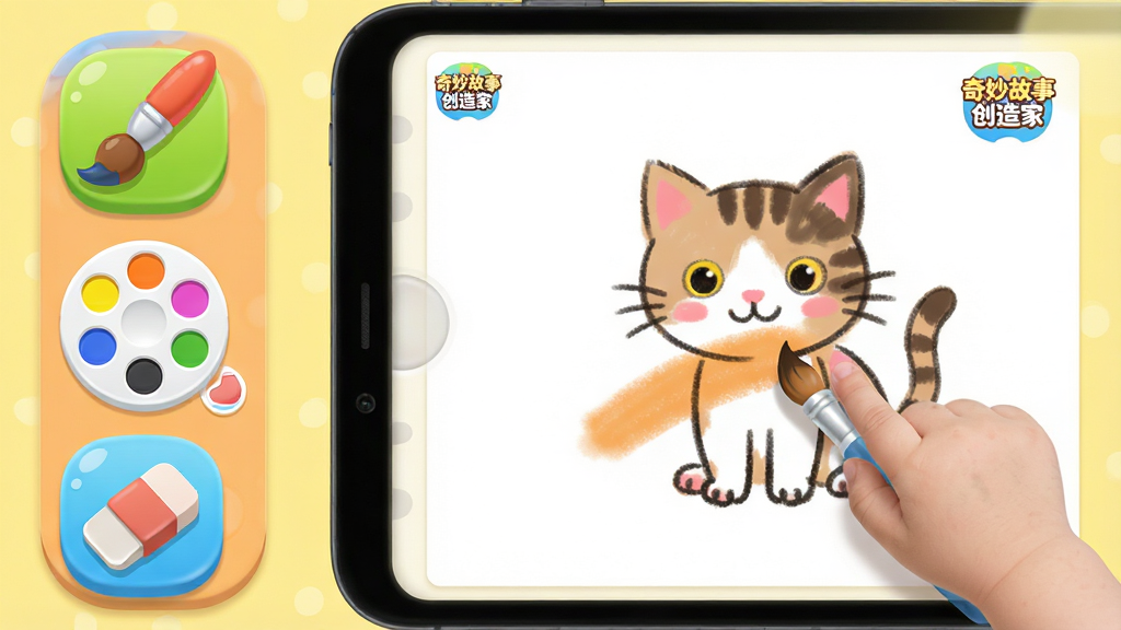 主体:奇妙故事创造家APP中的绘画工具界面,孩子在用手指作画。布局:左侧是工具栏,有画笔、颜色盘、橡皮擦,右侧是空白画布,画布上有一幅未完成的小猫画。排版:工具栏图标大而圆滑,颜色鲜艳。风格:可爱儿童风格,背景为浅黄色。细节:画布上显示“奇妙故事创造家”的小logo,画笔笔触柔和。画质:高清,干净,无多余元素。