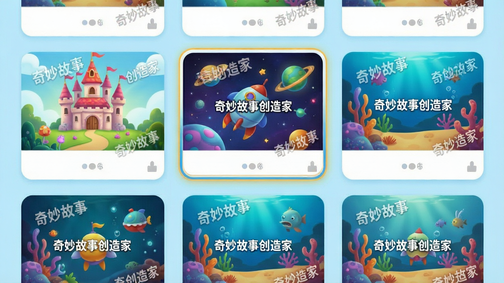 主体:奇妙故事创造家APP中的故事模板选择界面,展示多个缩略图场景。布局:网格排列的模板卡片,每个卡片上有场景预览图,如城堡、太空、海底。排版:卡片整齐排列,当前选中的卡片有高亮边框。风格:明亮卡通风格,背景为淡蓝色。细节:卡片上有“奇妙故事创造家”水印,场景细节丰富,色彩鲜艳。画质:高清,干净,无多余元素。