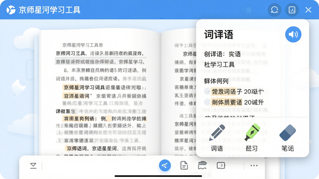 主体:京师星河学习工具界面,屏幕右侧弹出词典卡片,下方有笔记工具栏。布局:教材页面为背景,工具卡片悬浮于右侧。排版:词典卡显示词语释义和例句,笔记工具栏包含铅笔、荧光笔、橡皮擦图标。风格:清新简洁,蓝白配色。细节:词典卡片有发音按钮,笔记工具图标下方有中文标签。画质:高清,干净,无多余元素。
