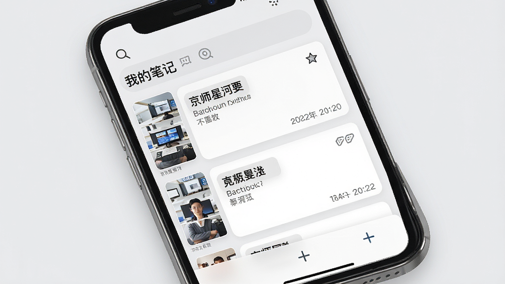 主体:手机屏幕显示京师星河应用内“我的笔记”列表,左侧为笔记缩略图,右侧为笔记内容。布局:上下结构,顶部为搜索栏,下方为笔记卡片。排版:卡片式布局,笔记标题加粗,日期显示在右下角。风格:简洁商务风,背景为浅灰色。细节:笔记卡片有高亮标记和标签图标,页面底部有“+”按钮。画质:高清,干净,无多余元素。