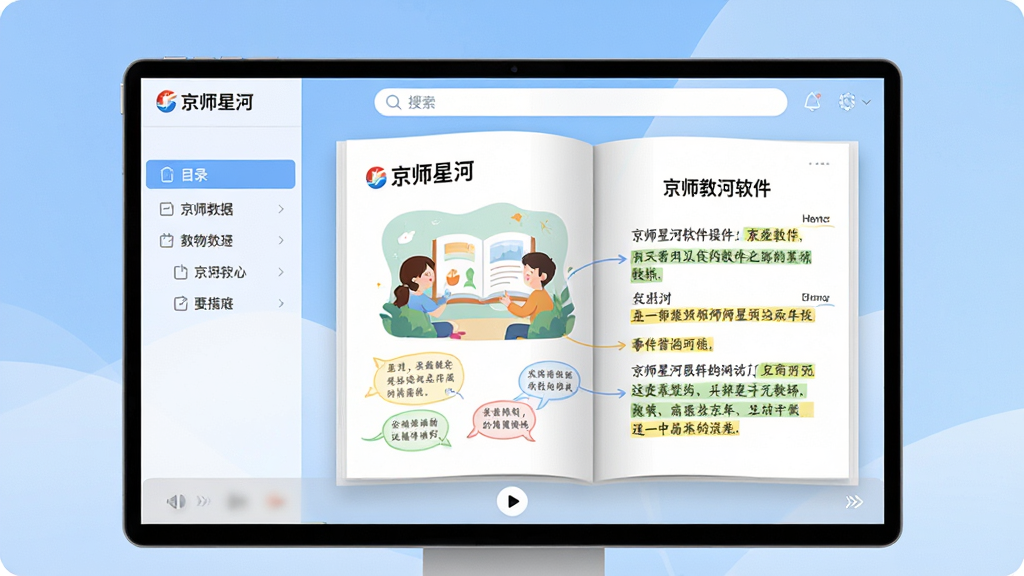 主体:京师星河软件界面展示,屏幕中显示数字教材翻页效果,页面有“京师星河”字样。布局:居中构图,软件界面占据画面主体,背景为柔和的渐变蓝色。排版:界面元素整齐排列,左侧为目录,右侧为教材内容,顶部有搜索栏。风格:现代简约教育科技风,界面清晰明亮。细节:教材页面有插图、笔记标记、高亮文字,屏幕下方有播放按钮。画质:高清,干净,无多余元素。