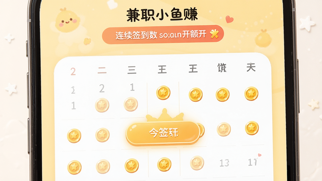 手机屏幕展示“兼职小鱼赚”签到日历页面,日历上每个日期都标有金币图标,今日签到按钮高亮,背景为浅黄色温馨风格,顶部显示连续签到天数和额外奖励提示,整体设计可爱活泼,画质清晰,干净无多余元素
