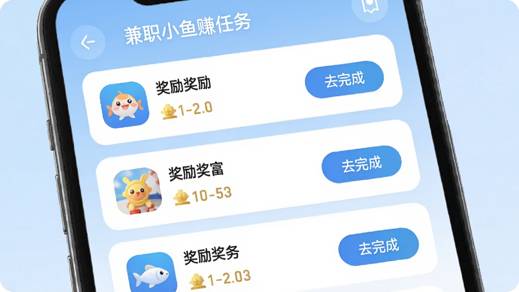任务大厅界面截图风格,手机屏幕展示“兼职小鱼赚”任务列表,每个任务卡片显示图标、名称、奖励金币和“去完成”按钮,列表按奖励从高到低排列,背景采用淡蓝色渐变,卡片圆角设计,整体排版整齐清爽,画质清晰,突出任务丰富多样,干净无多余元素