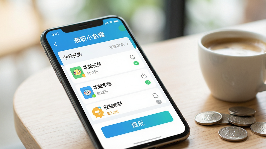 一张智能手机屏幕特写,屏幕中显示“兼职小鱼赚”APP主界面,界面清晰展示今日任务列表、收益余额和提现按钮,手机放置在简洁木质桌面上,旁边有一杯咖啡和几枚硬币,背景虚化,整体风格明亮清新,突出手机赚钱的轻松便捷,画质高清,干净无多余元素