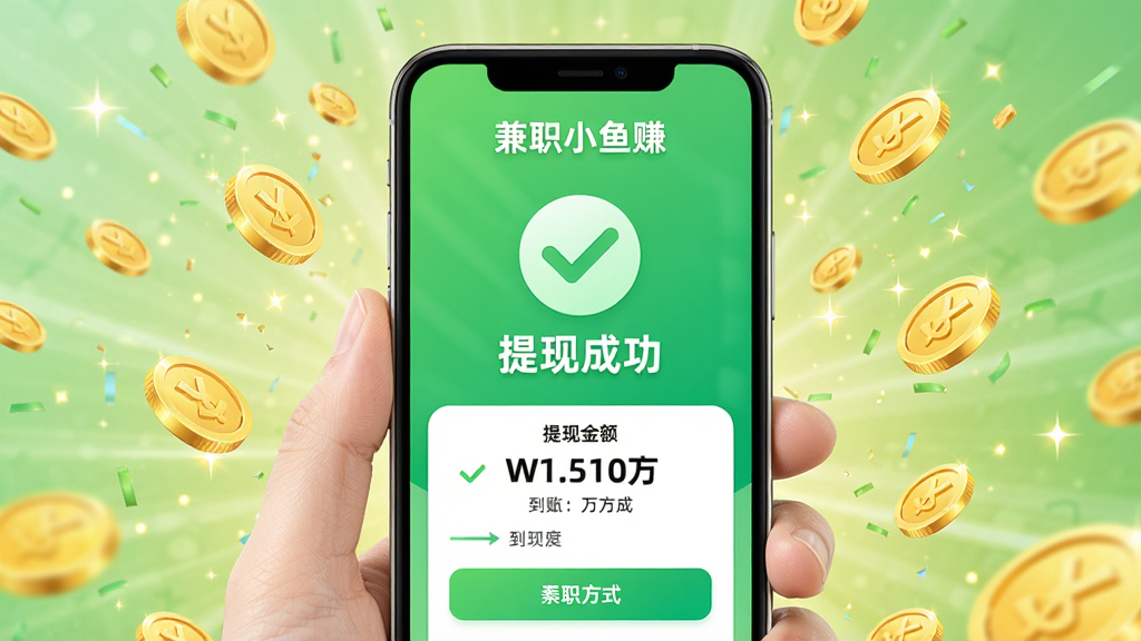 手机屏幕展示“兼职小鱼赚”提现成功页面,显示提现金额和到账方式,背景为绿色对勾图标和“提现成功”字样,周围有金币飘落特效,整体风格喜庆明亮,突出资金到账的快捷与安心,画质高清,干净无多余元素