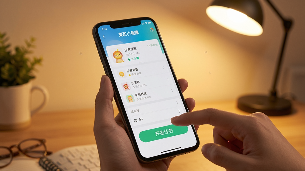 一部手机正在运行“兼职小鱼赚”APP,屏幕显示任务详情页,手指点击“开始任务”按钮,背景为书桌和台灯,暖色调,突出实用操作感,画质高清,干净无多余元素