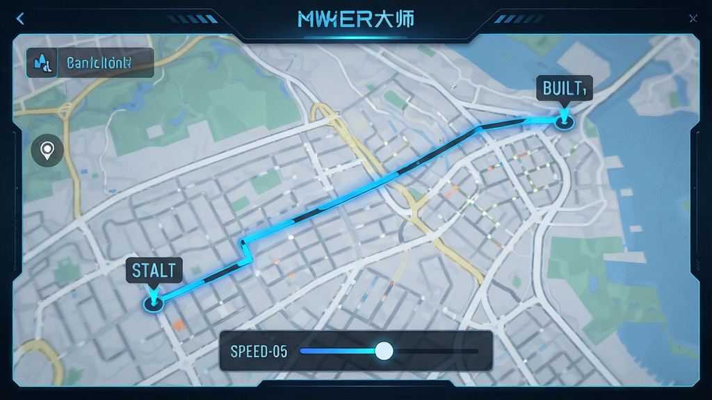 模拟定位大师路线规划页面,地图上显示从起点到终点的蓝色轨迹线,带有速度调节滑块,界面直观,科技感风格,画质干净
