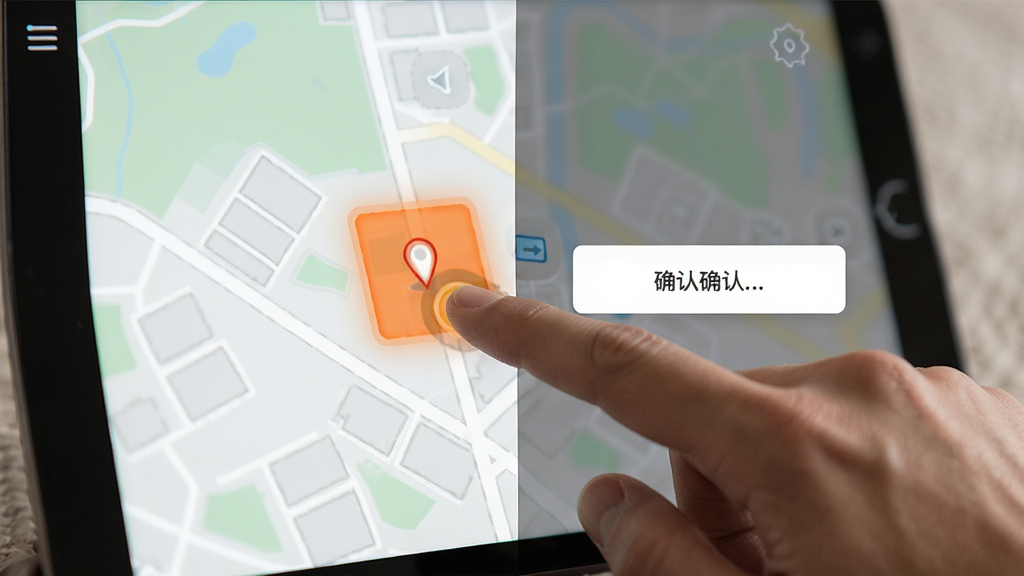 模拟定位大师操作界面,手指点击地图选择位置,弹出确认模拟按钮,界面清晰,图标简洁,高亮显示模拟位置,画质清晰,无多余元素