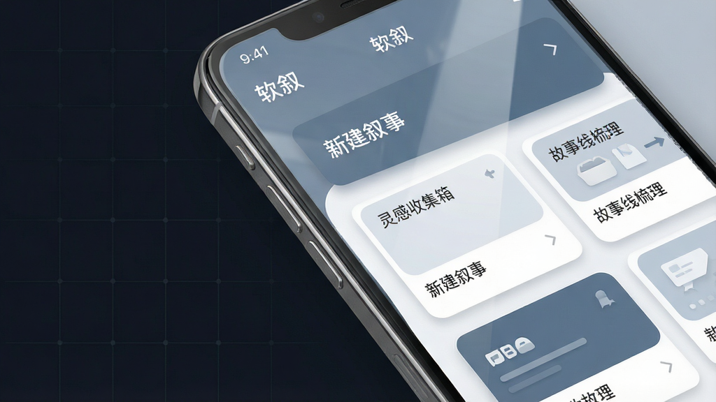 主体:一张智能手机屏幕特写,屏幕内清晰展示“软叙”应用的主界面,界面以简洁的卡片式布局呈现多个叙事项目。布局:手机位于画面中央偏右,左侧留有部分深色背景空间,背景中带有微弱的网格线元素,暗示逻辑与结构。排版:界面上的文字标签清晰可读,包括“新建叙事”、“灵感收集箱”、“故事线梳理”等字样。风格:现代扁平化结合轻微拟物阴影,整体色调为静谧的蓝灰色与白色搭配。细节:屏幕反射出柔和的环境光,手机边缘有细微的金属质感。画质:4K超高清,细节丰富,干净,无多余元素。
