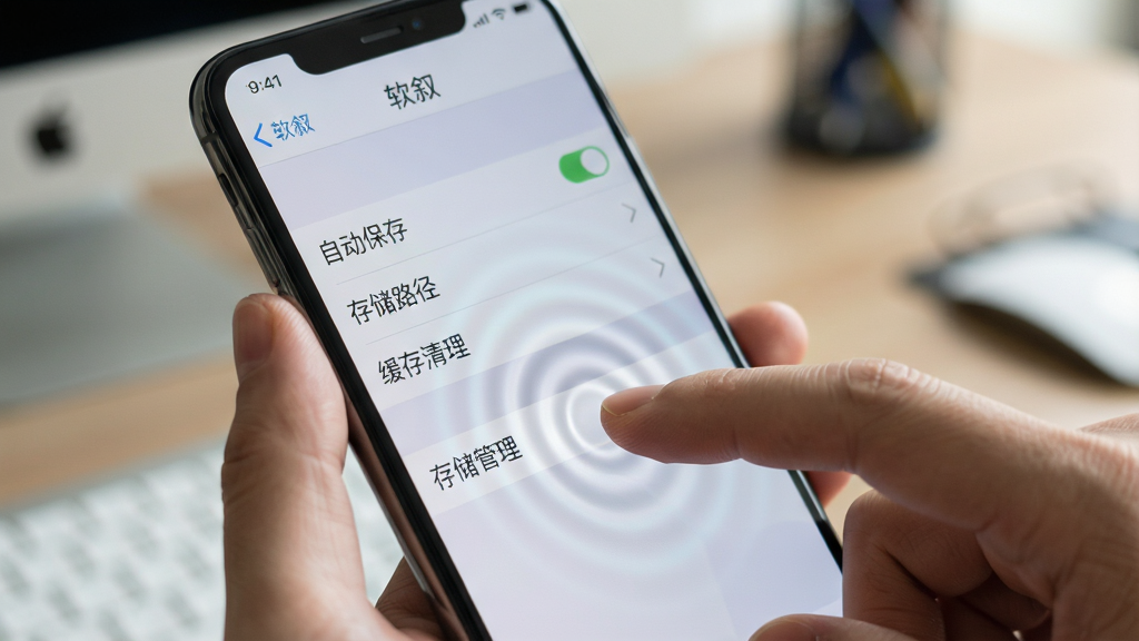 主体:一只手拿着智能手机,屏幕显示“软叙”的设置界面,手指正在点击“存储管理”选项。布局:手机特写占据画面主体,背景为虚化的办公桌面环境。排版:设置菜单中清晰显示“自动保存”、“存储路径”、“缓存清理”等文字条目。风格:写实风格,光线柔和,聚焦清晰。细节:手指轻触屏幕的瞬间,屏幕有轻微的涟漪反馈效果。画质:高清细节,干净,无多余元素。