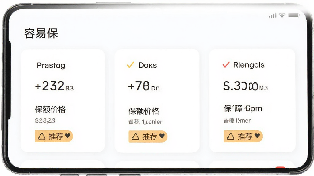 容易保APP智能投保界面,主体为手机屏幕展示设备评估结果与保障方案,布局采用卡片式设计,排版清晰,风格扁平化,细节包含手机型号、保额价格与推荐标签,画质干净明亮,无多余元素,文字标注“容易保”