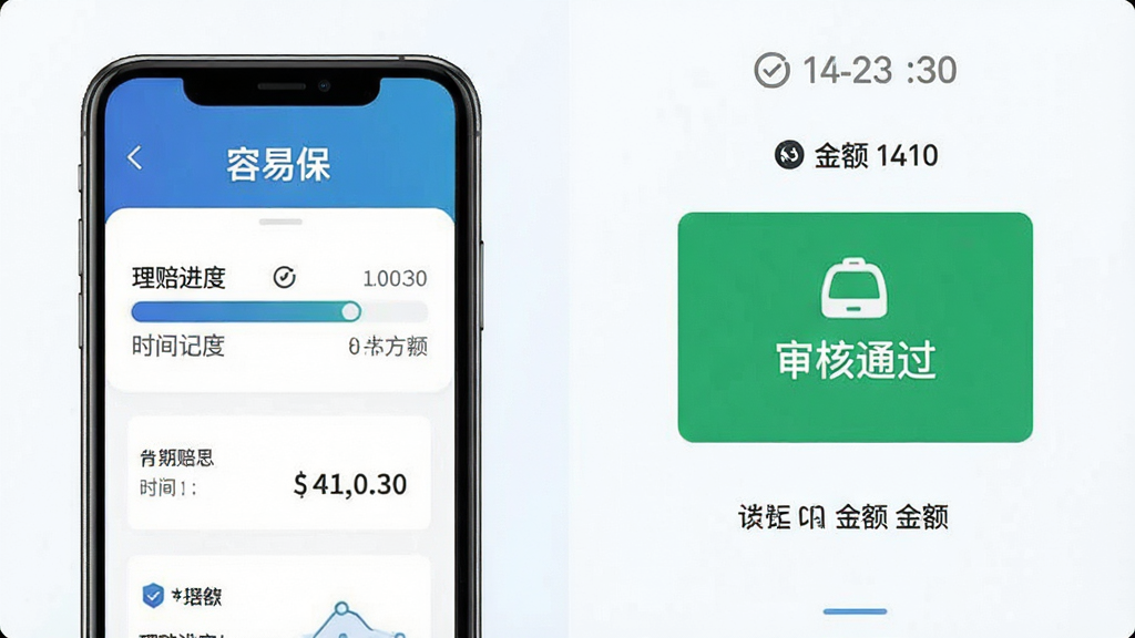 容易保极速理赔流程示意图,主体为手机屏幕显示理赔进度条与审核通过状态,布局左右分栏,排版直观,风格简洁商务,细节包含时间戳与金额数字,画质高清锐利,无多余元素,文字标注“容易保”
