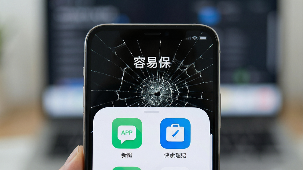 手机屏幕碎裂后通过容易保APP快速理赔的场景,主体为一部智能手机屏幕裂纹特写,背景虚化处理,布局居中,排版简洁,风格写实,细节呈现玻璃裂纹质感与APP界面图标,画质高清干净,无多余元素,文字标注“容易保”