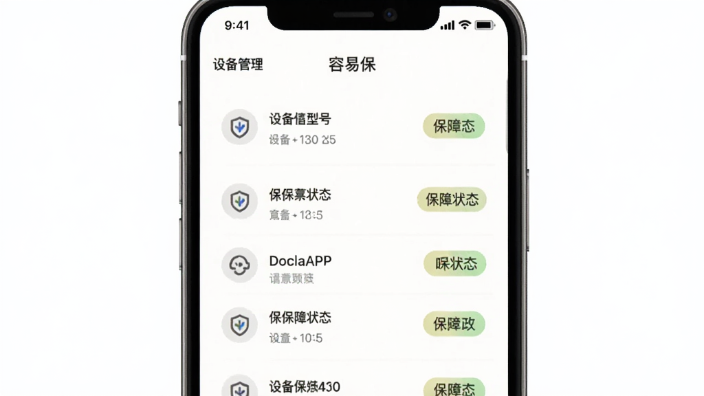 容易保APP使用界面截图,主体为手机屏幕展示设备管理列表,布局列表式,排版清爽,风格简约,细节包含设备型号与保障状态标签,画质干净,无多余元素,文字标注“容易保”
