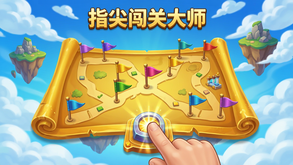 一幅展示“指尖闯关大师”游戏主界面的高清数字插画,画面中央是一个巨大的金色闯关地图,地图上有许多彩色的小旗子标记关卡点,背景是蓝天白云和漂浮的岛屿,前景是一只手指正在轻触屏幕上的一个发光机关,整体风格明亮卡通,布局饱满,排版干净,细节丰富,画质细腻,干净无多余元素。