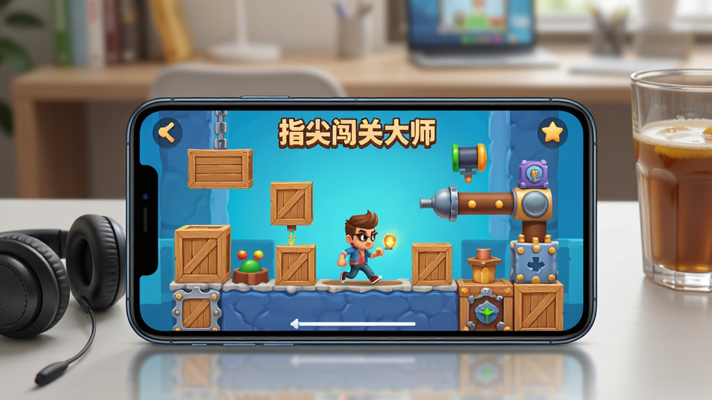 一幅展示“指尖闯关大师”游戏实际运行画面的插画,画面中一部智能手机横屏显示游戏界面,屏幕上是一个色彩鲜艳的关卡场景,有木箱、机关和角色,手机旁边放着耳机和一杯饮料,背景虚化为室内书桌,整体风格写实,布局居中,排版简洁,细节丰富,画质清晰,干净无多余元素。