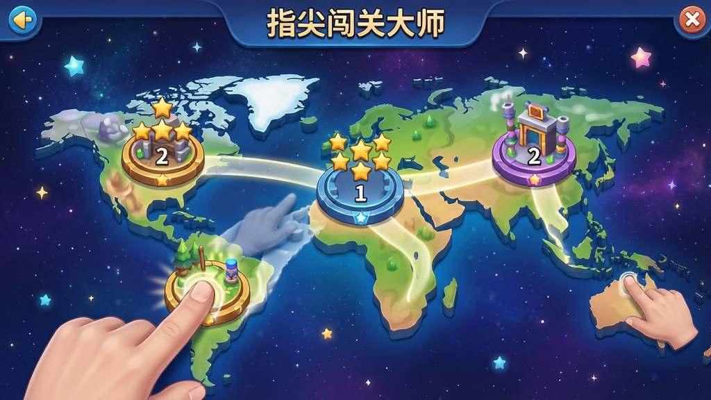 一张展示“指尖闯关大师”游戏内多个关卡选关界面的截图风格插画,画面以俯视角度呈现一个3D立体地图,地图上分布着不同主题的关卡节点,每个节点都带有星星评级和数字编号,背景是梦幻的星空,手指滑动地图产生残影效果,主体突出,布局清晰,排版有序,风格炫丽,细节丰富,画质高清,干净无多余元素。