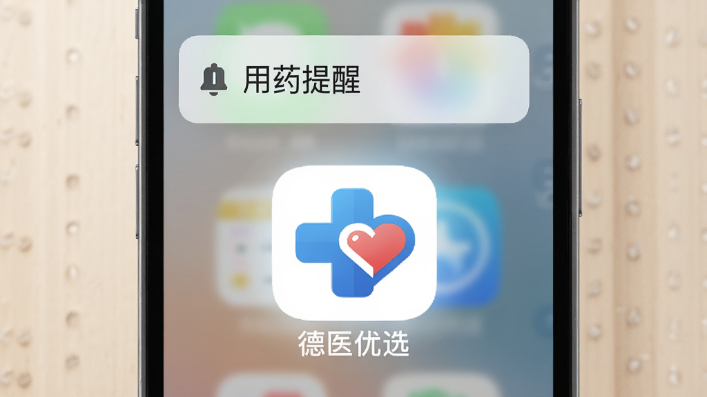 主体:手机桌面上的德医优选图标,旁边有手机提示弹窗显示“用药提醒”。布局:手机居中,图标高亮,弹窗在屏幕上方。排版:简洁清晰。风格:写实风格,柔和光线。细节:图标为蓝白十字与心形组合,弹窗文字清晰。画质:高清,干净,无多余元素。